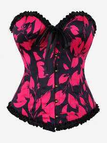 Gold Front Button Classic Ruffle Overbust Corset Bustier, Waist Cincher Top, Casual Slim Fit Bodysuit - Hot Pink - View 1