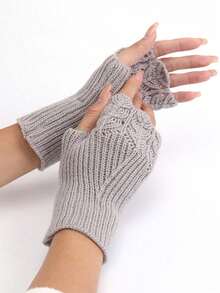 1pair Solid Color Fish Scale Hollow Out Knitted Short Fingerless Gloves, & Versatile,& Windproof For Office, Writing, Winter - Black - View 3