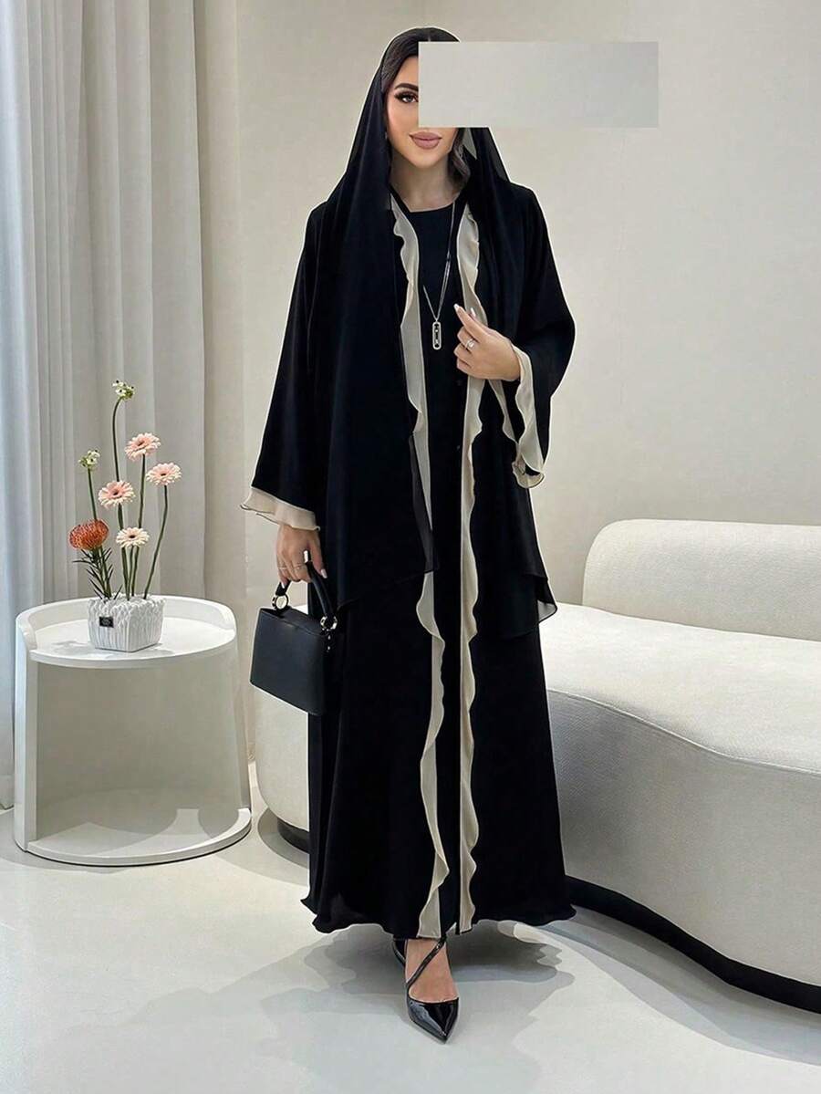 High-End Fashion Turkish Modest Ruffle Trim Women Dress Abaya Cardigan, Kaftan