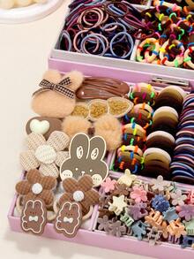 826件套米色蓬松女孩发饰套装，包括兔毛发夹、花朵绒球发圈、纯色蝴蝶结、Y2K星形BB夹、高弹蕾丝发圈、毛巾环和TPU弹力带，适合日常佩戴和派对场合。 - 彩色 - 查看 5