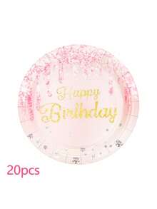 10个/20个/50个粉色和玫瑰金生日纸盘生日快乐餐具套装，适用于餐桌装饰用品，可爱金色7英寸甜点盘，9英寸餐盘，女士生日派对礼品用品 - 彩色 - 查看 8