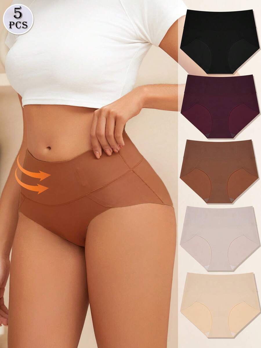 5Pcs High-Waisted, Non-Slip, Anti-Roll-Up, Full-Coverage Women's Tummy Control Panties, Sizes S-XXXL - 彩色 - 查看 1