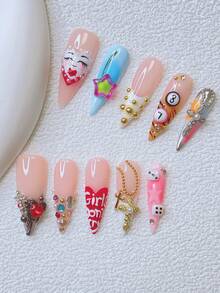 Bộ 10 móng giả Y2K kiểu Stiletto - Làm thủ công, móng màu hồng, móng màu xanh dương, móng trắng kiểu Pháp, họa tiết bi-a và xúc xắc 3D thủ công, nghệ thuật vẽ móng bi-a 3D, thiết kế họa tiết ngôi sao và tình yêu vẽ tay, họa tiết chữ thập vàng và bạc, điểm nhấn đá lấp lánh và ngọc trai giả trắng. - Nhiều màu - Xem 12