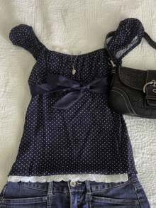 Women Y2k Babydoll Shirt Fairy Grunge Scoop Neck Cap Sleeve Polka Dot Tie Back Flowy Slim Fit Tee Vintage Aesthetic Ruffle Short Sleeveless 90s Preppy T-Shirts Teen Girls Going Out Tops Club Streetwear - 藍色 - 查看 2