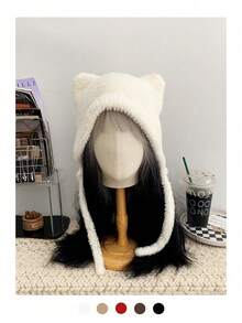 1 件装黑色毛绒猫耳针织帽，带小纽扣，秋冬保暖毛绒护耳帽，女士适用 - 彩色 - 查看 4