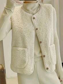 Plus Size Autumn/Winter Faux Shearling Vest, Retro Style Sleeveless Jacket For Women, Fur Lined Suede Waistcoat