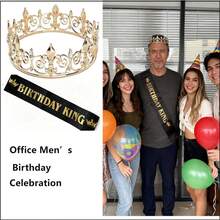 國王皇冠與生日肩帶，男士國王皇冠，金色男士王子頭飾，皇家中世紀角色扮演生日派對萬聖節髮飾，適用於21、30、40、50、60、70和80歲男士派對裝飾禮物 - 彩色 - 查看 9