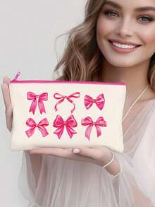 Sac organisateur de maquillage style Y2K avec nœud papillon, trousse de toilette de voyage portable, sac multifonctionnel, porte-pinceaux, étui à crayons, ensemble cadeau de fête, sac à fermeture éclair pour rouge à lèvres, pinceaux, téléphone, porte-monnaie, convient pour la maison, les voyages, la plage, la piscine, les fêtes, l'école - Beige - Voir 11