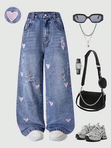 Jeans vaqueros anchos de pierna casual con bordado de corazón y lavado desgastado para niñas - Azul - Ver 1