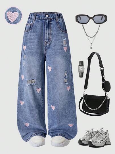 Girls Heart Embroidery Casual Wide Leg Distressed Washed Denim Jeans