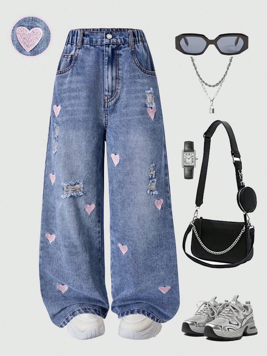 Jeans vaqueros anchos de pierna casual con bordado de corazón y lavado desgastado para niñas - Azul - Ver 1