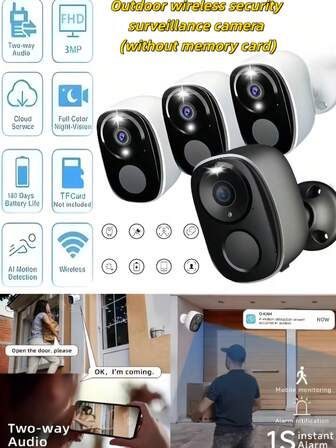 户外无线安防监控摄像头（不含存储卡），1296P 3MP 无线户外安防摄像头，易于安装和放置，操作简单，电池供电 WiFi 安防摄像头，带聚光灯、双向语音、夜视、AI 和 PIR 人体感应移动侦测，适用于家庭安防，IP67 防水，PIR 人体感应移动侦测，双向语音安防