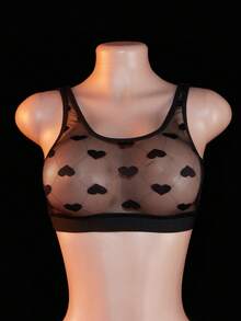 Black Sexy Sheer Mesh Heart Printed Lingerie Set With Floral Pattern For Rave - Black - View 6