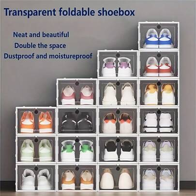 12pcs White Stackable Shoe Boxes Foldable Plastic Shoe Storage Organizer Heart-Shaped Pull Ring For Sneakers All Shoes Space Saving Modular Shelf Wardrobe Closet Entryway Bedroom Dorm Office Home Stacked Into A Shoe Rack Shoe Cabinets
