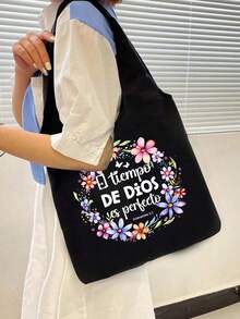 印花帆布手提袋 + 黑色收纳袋，饰有花环图案和白色文字“El Tiemeo De Dioses Perbedo”，便携休闲收纳手提包，方便旅行化妆包、手提袋、旅行包、多功能购物袋，适合购物、婚礼、生日、海滩、假日、返校、圣诞节、感恩节、新年等场合作为礼物。 - 彩色 - 查看 8