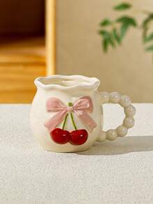 1pc High-Quality Embossed Cherry Ceramic Mug, Hand-Painted Bowknot Design, Pink Girly Style, Office Coffee Cup, Home Afternoon Tea Latte Cup, Juice Beverage Cup, Breakfast Milk Cup, Couple Water Cup, Holiday Gift Mug - Multicolor - View 14