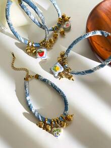 1pc Fashionable Stainless Steel Heart & Strawberry Flower Ceramic Striped Beaded 18K Gold Waterproof Layerable Bracelet For Women - Bracelet - View 7