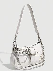 Y2K Star &Y2K Fashionable Star & Moon Design Pink Chain Decor Bag, Baguette Bag, Niche Design, Steampunk,Ladies Bag, Cool Girl Streetwear, Music Festival, Party, Rock Style Bag , Y2k Bag, Gothic Punk Bag , 2000s Fashion Style Bag For Women - trắng - Xem 12
