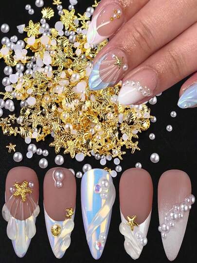 200 piezas Decoraciones de arte de uñas de metal con temática oceánica - Estrellas de mar doradas 3D y decoraciones de uñas con perlas blancas, accesorios de arte de uñas de resina, adecuados para uñas con temática de playa, suministros de arte de uñas | Diseño oceánico | Decoraciones de arte de uñas duraderas, suministros de uñas, decoraciones de arte de uñas, adornos de arte de uñas, suministros para técnicos de uñas