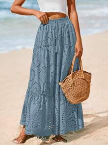 Women's Casual Lace Embroidery Eyelet Elastic High Waist Tiered A-Line Flowy Long Skirt Summer Boho Bohemian Beach Spring Holiday Vacation Going Out Valentine Long Maxi Skirt Outfits - xám xanh - Xem 5