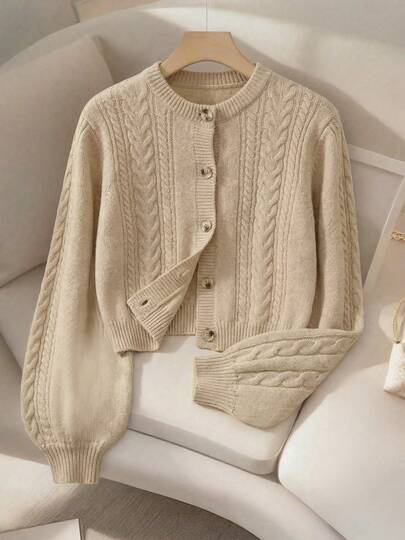 เสื้อคาร์ดิแกนถักแบบกระดุมด้านหน้าสีพื้นของผู้หญิง, เสื้อถักลำลองสำหรับฤดูใบไม้ร่วง/ฤดูหนาว