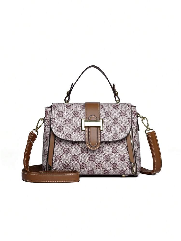 时尚图案手提包，大容量中年女士包，双箭头设计 - 灰色 - 查看 3