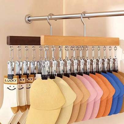 1pc Multifunctional Wooden Portable Organizer Rack With 12 Clips, 360° Rotating Stainless Steel Hanger For Hats, Skirts, Pants, Socks, Clothes, Ties, Space-Saving For Home And Dorm Use