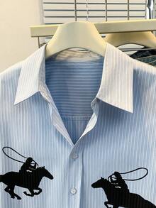 Women's Summer Striped Shirt With Funny Knight Water Print, Casual Blouse