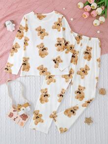 2件套 女童及青少年休闲卡通泰迪熊印花长袖圆领卫衣和长裤睡衣套装，阻燃，四季皆宜