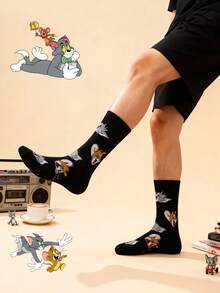 1 par de calcetines de Tom y Jerry de Warner Bros, calcetines deportivos suaves y cómodos para hombres y mujeres, calcetines para todas las estaciones, calcetines con diseño de dibujos animados de Tom y Jerry para hombres y mujeres, versátiles, suaves y cómodos - Multicolor - Ver 6