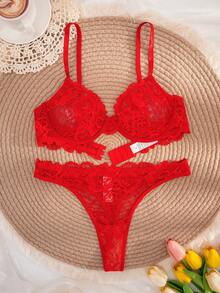 1pc Women Solid Color Lace Wireless Bra Set - Red - View 4