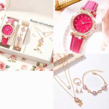 母亲节女士手表套装，时尚精致圆形表盘石英表，搭配心形吊坠项链、耳环和戒指，适合日常佩戴、生日礼物、返校礼物、感恩节礼物、浪漫场合礼物，完美之选（不含礼盒） - 粉色 - 查看 7