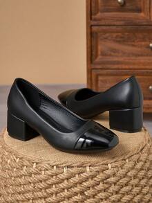 Black Patent Two-Tone Square Toe Block Heel Pumps – 5cm - Black - View 1