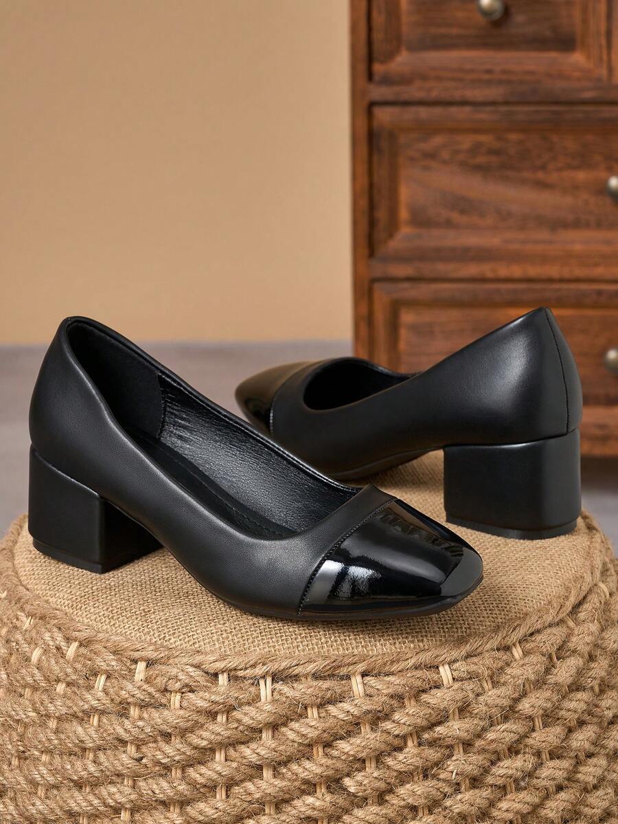 Black Patent Two-Tone Square Toe Block Heel Pumps – 5cm - Black - View 1
