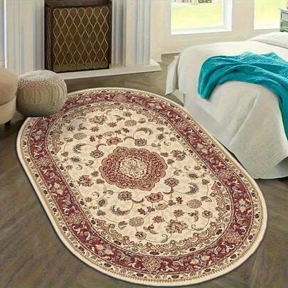 1pc Red Oval Rug, Asymmetrical Rug, Vintage European Style Carpet, Suitable For Living Room, Bedroom, Dining Room, Kitchen, Hallway, Laundry Room, Outdoor Patio, Decorative Rug, Bedroom Decor, Small Rug, Carpet, Home Decor, Living Room Rug, Bedroom Rug, Living Room Home Decor, Outdoor Rug, Washable Rug