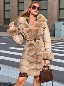 Áo khoác dài dày có mũ, viền lông giả thời trang nữ Giolshon - Áo khoác mùa đông ôm dáng sang trọng - Màu be - Xem 5