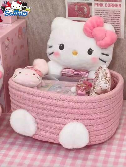 Sanrio 三丽鸥 Hello Kitty 可爱收纳篮（1 件装），可爱化妆品和玩具收纳盒，卧室装饰，生日礼物，粉色