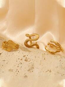 11件套不锈钢不对称液态开口戒指套装，独特几何设计，时尚精致百搭的优雅女士珠宝，适合派对、宴会等场合。 - 金黃色 - 查看 6