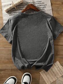 Camiseta de manga corta con estampado de letra de guitarra, talla grande, casual de verano - Gris Oscuro - Ver 7