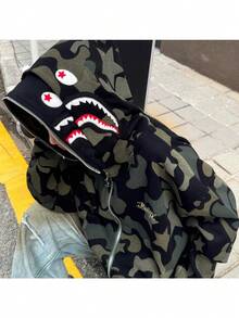 American High Street Double Hat Camouflage Hooded Sweater Zip Cardigan Teen Spring And Autumn Shark Jacket Men And Women - 綠色 - 查看 11