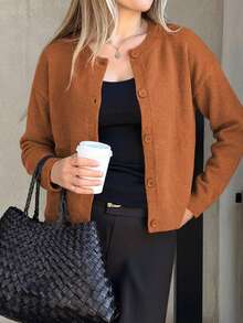 Knit Mix Áo khoác cardigan dệt kim dáng rộng thanh lịch kiểu Pháp dành cho nữ, thích hợp cho Giáng sinh, Lễ Tạ ơn và Năm mới, áo len dài tay cổ tròn thời trang, áo cardigan màu trơn giản dị cho mùa thu/đông. - trái cam - Xem 4