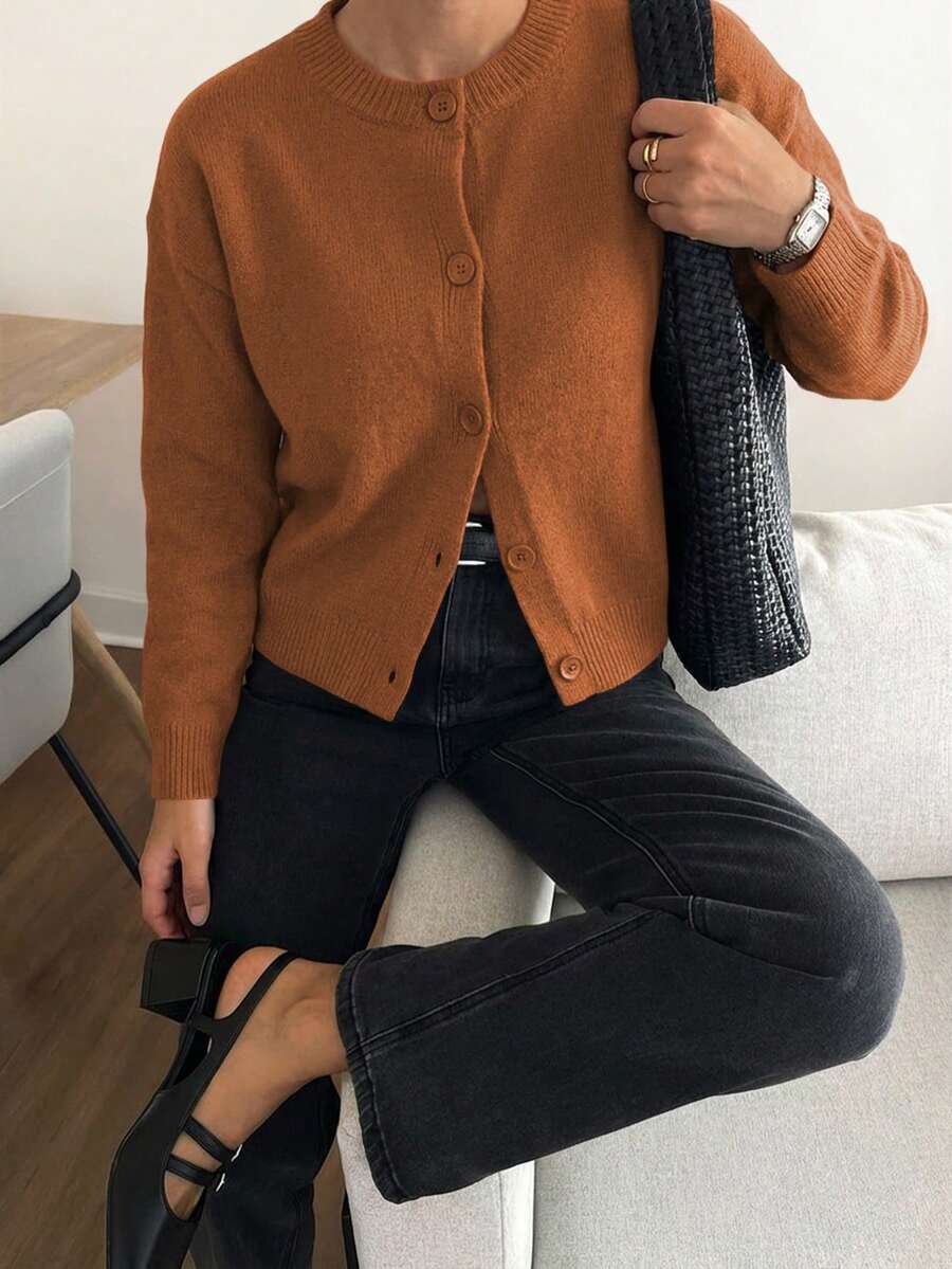 Knit Mix Áo khoác cardigan dệt kim dáng rộng thanh lịch kiểu Pháp dành cho nữ, thích hợp cho Giáng sinh, Lễ Tạ ơn và Năm mới, áo len dài tay cổ tròn thời trang, áo cardigan màu trơn giản dị cho mùa thu/đông. - trái cam - Xem 1