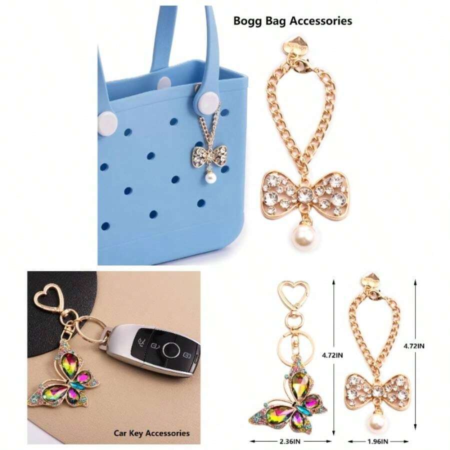 2 Pack Cute Keychains Women: Pom Pom Bow Bag Charms - Purse AccessoriesFits Bogg Bags - màu đen - Xem 1