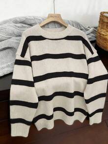 Women's Casual Striped Knit Long Sleeve Sweater Top, Soft & Comfortable Relaxed Fit Pullover Spring - Beige - View 4