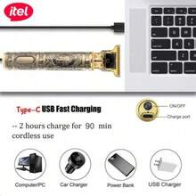 itel Tosatrice ricaricabile ITR-15, design in metallo, motore a 7000 giri/min, basso rumore, leggera e portatile, adatta per uso domestico e da viaggio, per tagliare e acconciare i capelli - nero - Visualizzare 2