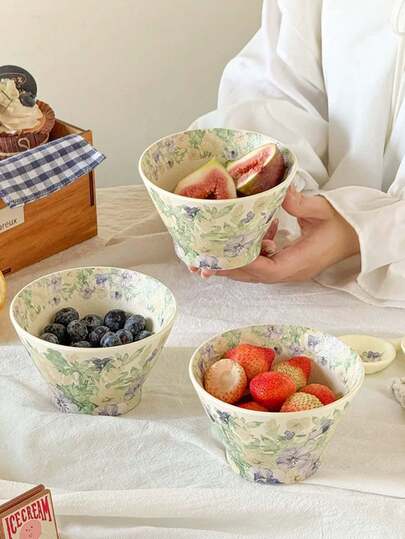 1 وعاء سيراميك بنفسجي ثلاثي الألوان مع ملعقة، أدوات مائدة عالية الجودة مزخرفة بالزهور، مناسبة للوجبات والحلويات واللبن والإفطار بالشوفان، للمنزل والمطعم والمقهى والحفلات والهدايا