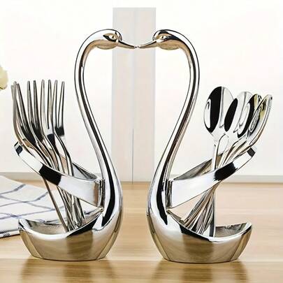 1pc Elegant Stainless Steel Swan-Shaped Cutlery Holder & Decorative Plate - Modern Novelty Design With Heart-Shaped Swan Neck & Spherical Base, Sturdy Multi-Fork & Spoon Holder For Weddings, Parties, Everyday Dining - Durable Metal Table Centerpiece, Non-Porous Easy-Clean Surface, Decorative Serving Dish For Utensils