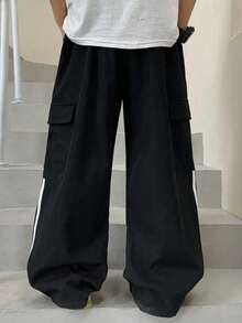 1件装 男童/青少年 舒适百搭 休闲户外 宽松 个性化侧袋 撞色直筒多口袋工装裤，春/夏/秋/冬 - 黑色 - 查看 7