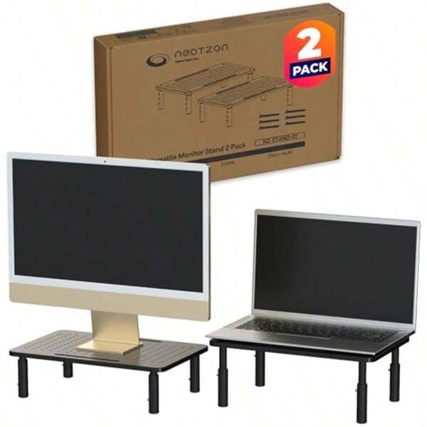 Universal Monitor Stand 2 Pack 3-Height Adjustable Desktop Riser For Screens Laptops And Storage 6 Cable Management Ties Easy Assembly NZ-STAND-01