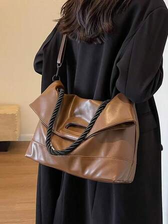 2025秋冬新款大容量手提包 女士手提包 单肩包 斜挎包 宽肩带女包 街头时尚PU包 加粗绳装饰 可调节肩带 大学生工作通勤笔记本电脑包，棕色